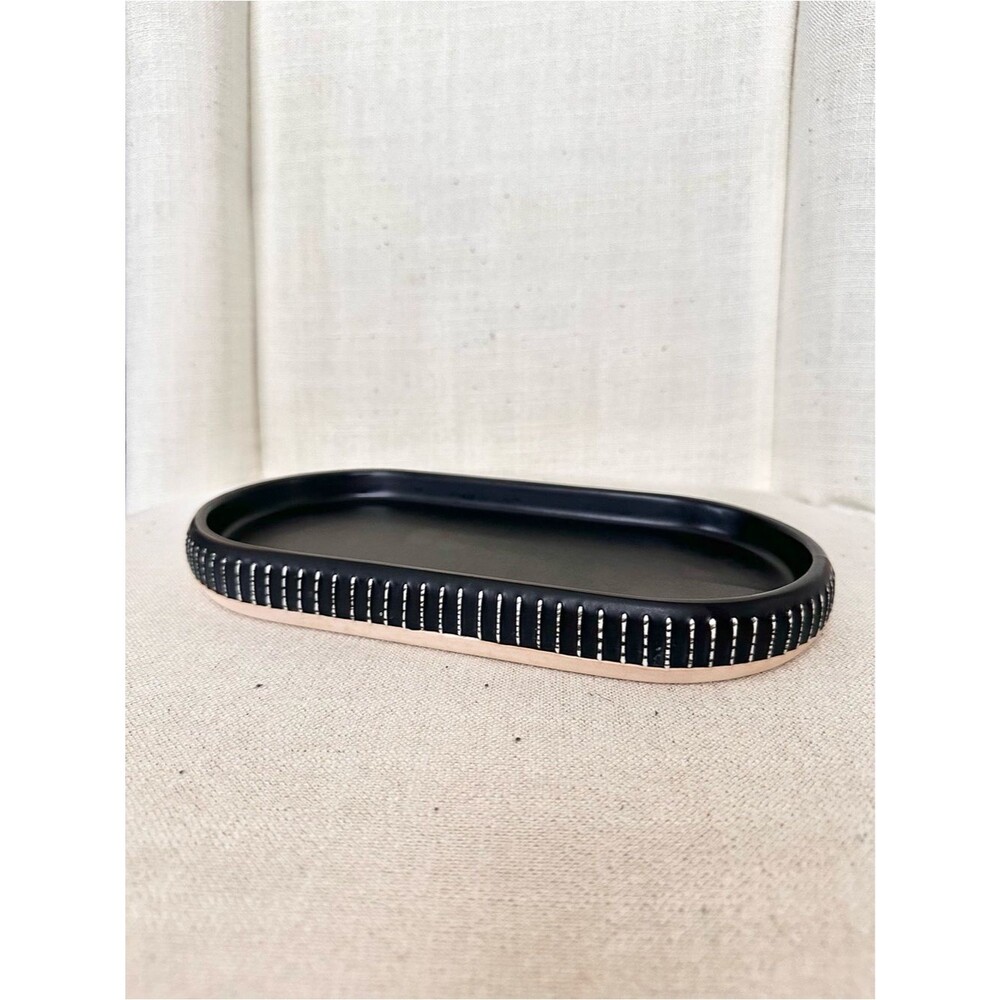 UGG Home Striped Ceramic Vanity Trinket Tray Black White